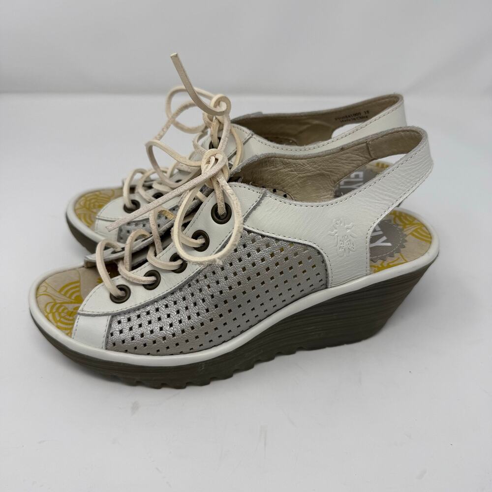 Fly London Yuta Wedge Sandal Cream Platinum Leather Laces Size 38 EUC - Picture 3 of 7